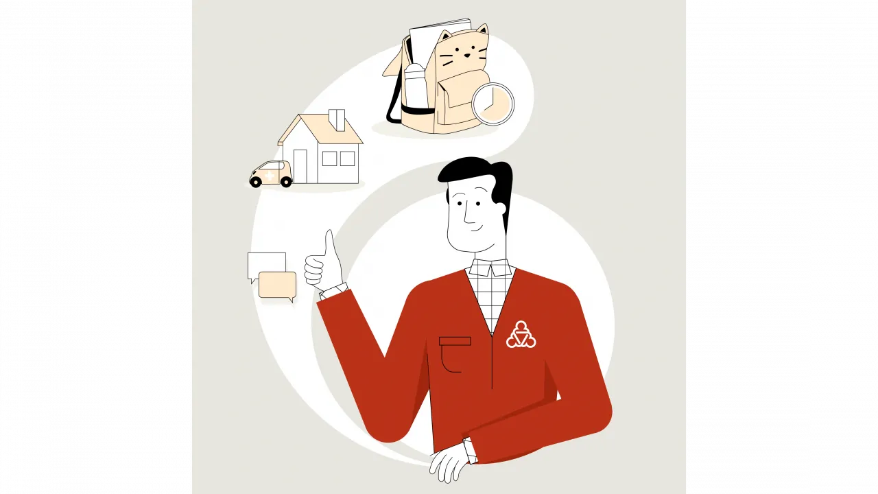 Der Wegweiser umgeben von einem Rucksack, einem Haus und Sprechblasen.