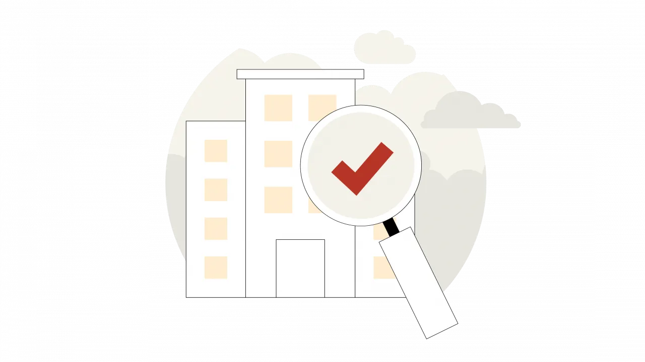 Illustration eines Gebäudes. Davor ist eine Lupe, im Glas der Lupe ist ein roter Haken zu sehen.