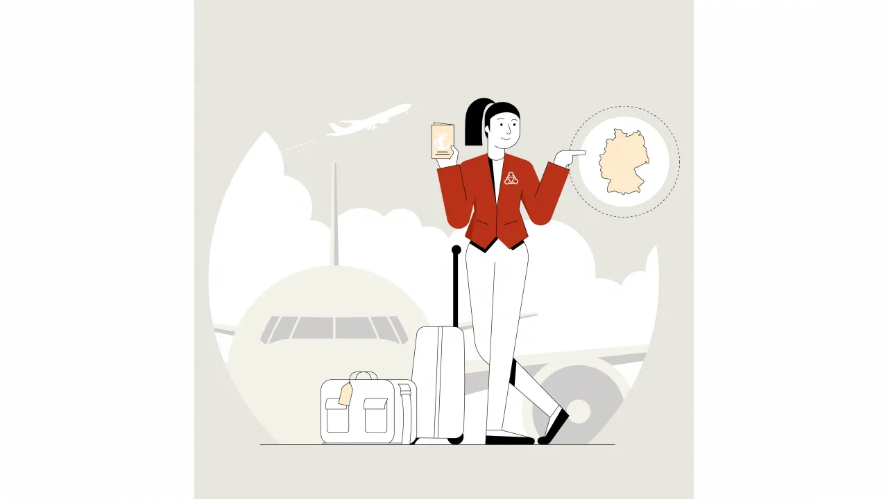 Eine illustrierte Figur steht vor einem Flugzeug mit Koffern und zeigt auf eine Karte von Deutschland