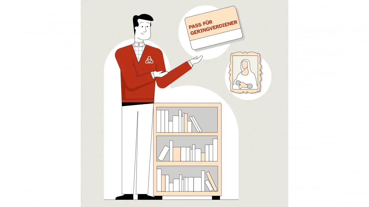 Illustration des Wegweisers. Neben ihm steht ein niedriges Bücherregal, darüber hängt ein Gemälde. Er zeigt auf die Illustration des Passes, der über dem Gemälde abgebildet ist.