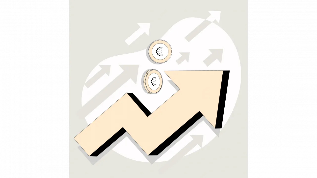 Aufwärts zeigende Pfeile und Euro-Münzen. 