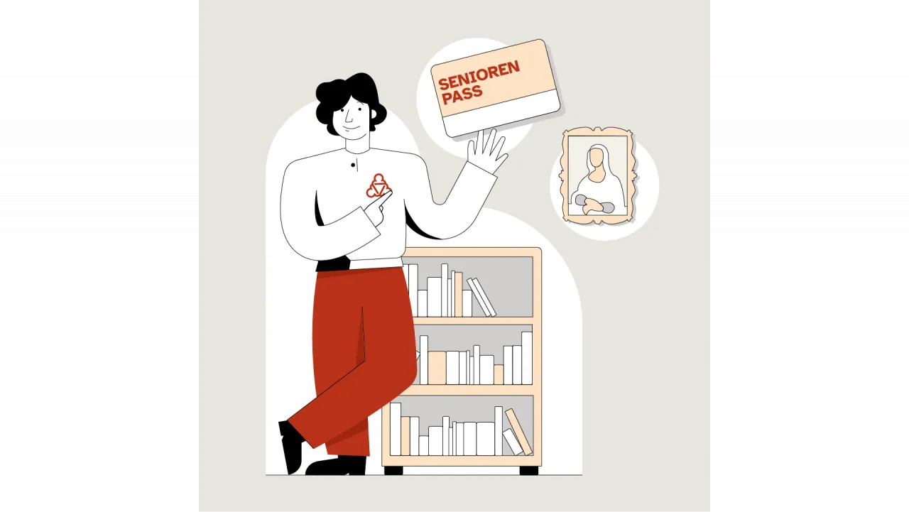 Eine illustrierte Figur steht vor einem Bücherregal und hält einen Seniorenpass hoch