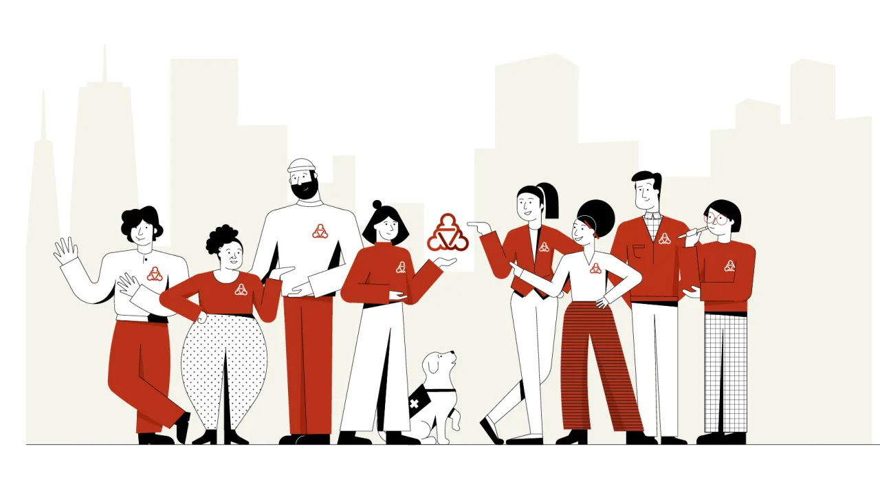 Das Team Sozialplattform: 8 illustrierte Charaktere und 1 Hund.