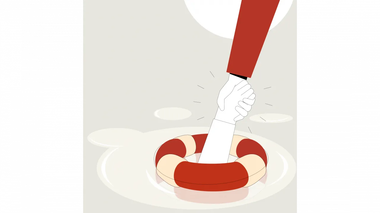 Eine Hand zieht eine andere nach oben. Die untere Hand ist in einem Rettungsring.