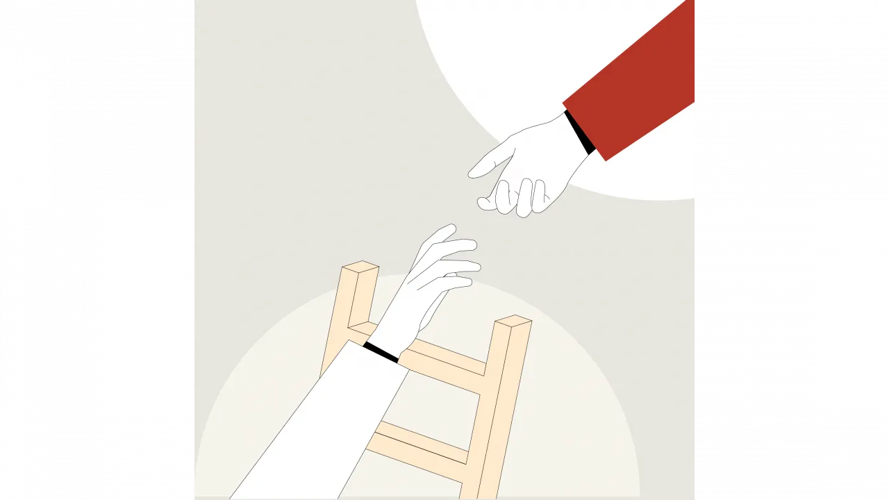 Illustration zweier Hände die nacheinander greifen.