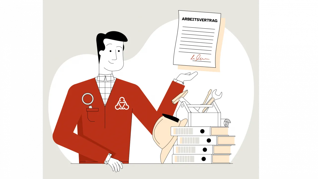 Der Wegweiser präsentiert einen unterzeichneten Arbeitsvertrag. Es sind auch Aktenordner und Werkzeuge zu sehen.