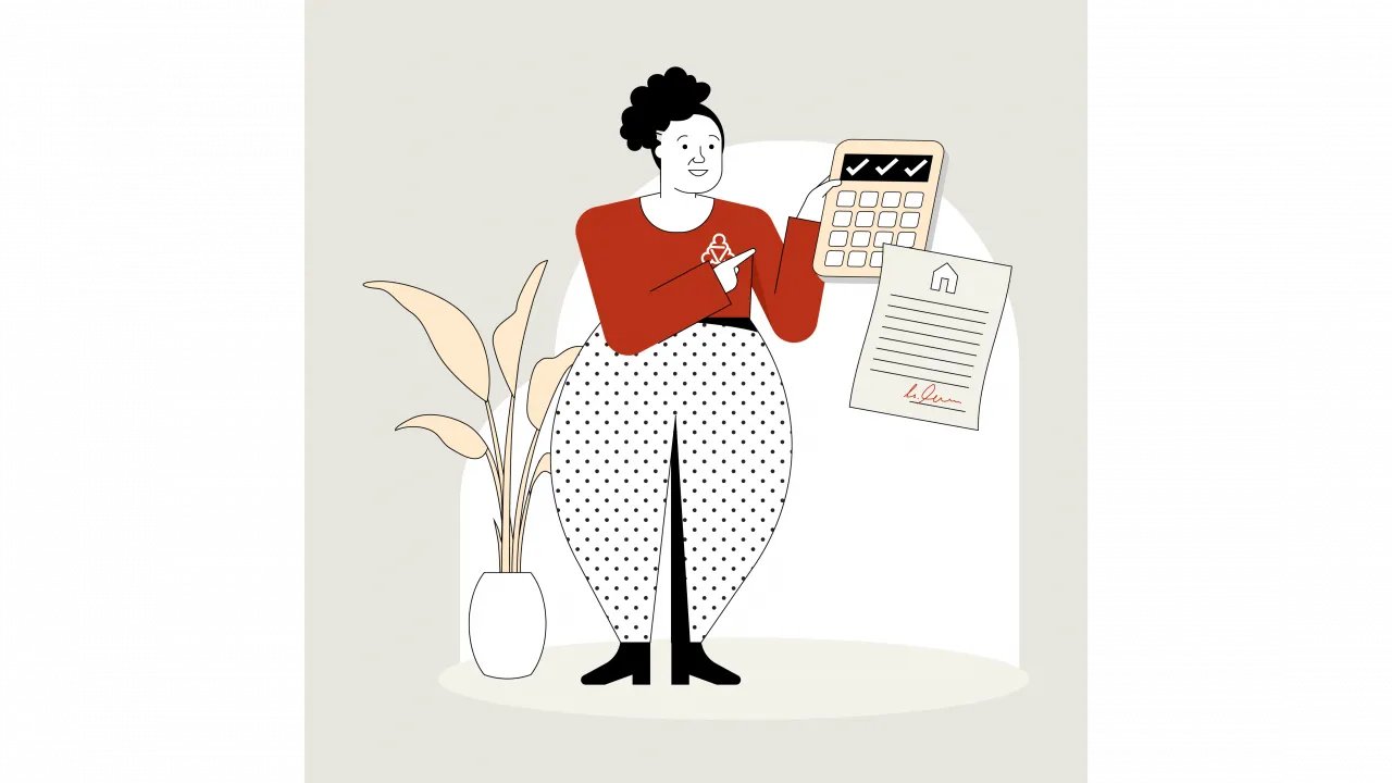 Illustration der Wegweiserin. Sie hält einen Taschenrechner in ihrer linken Hand. Mit der rechten Hand zeigt sie auf den Taschenrechner. Davor schwebt die Illustration eines Mietvertrags.