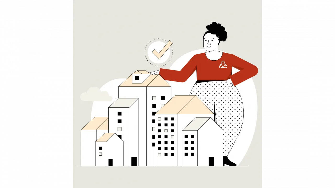 Illustration der Wegweiserin und einiger Häuser.