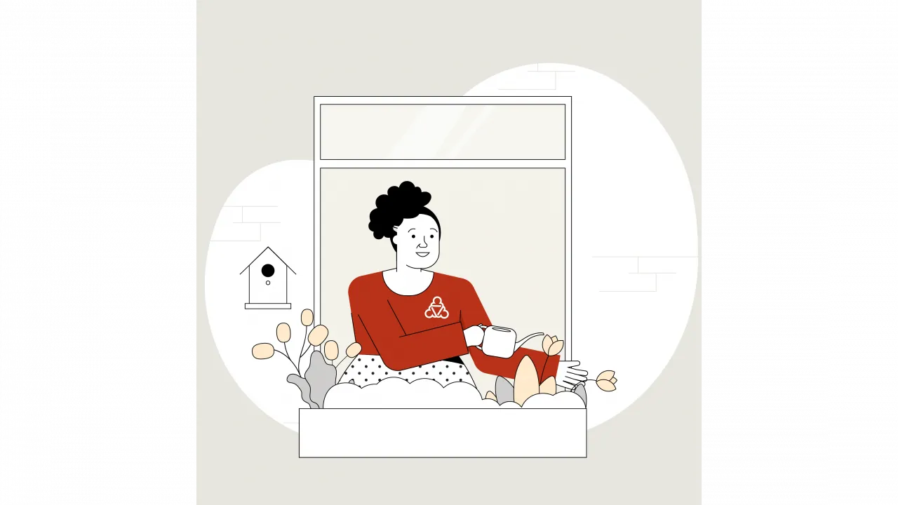 Illustration einer Frau- Sie steht im offenen Fenster und gießt Blumen in einem Blumenkasten