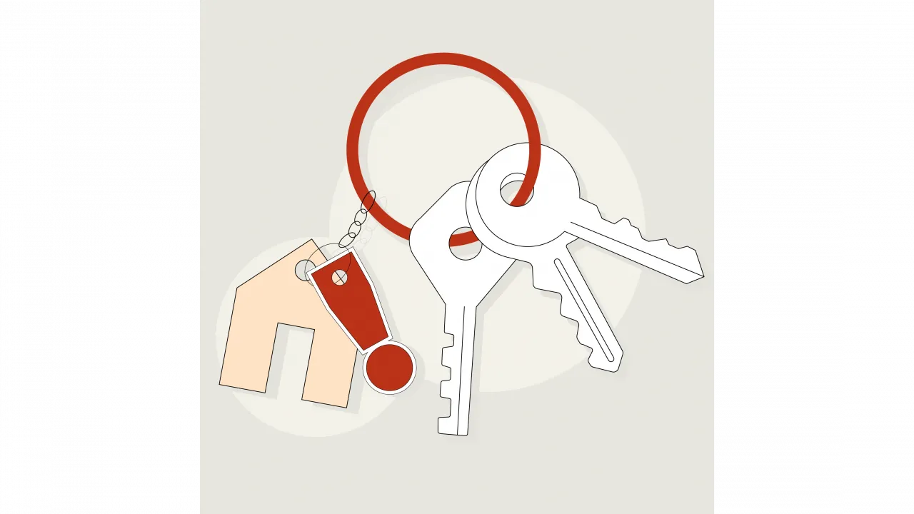 Illustration eines Schlüsselbundes mit 2 Schlüsseln und einem kleinen Haus als Anhänger.