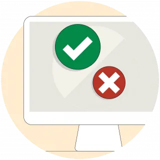 Ein illustrierter Bildschirm mit Häkchen- und Kreuzsymbol.