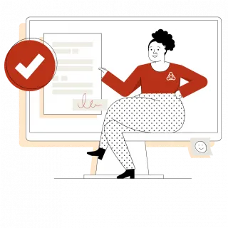 Illustration der Wegweiserin.Sie sitzt auf dem Rand eines großen Bildschirms.Ihre rechte Hand hält ein Dokument, darüber schwebt ein weißer Haken auf rotem Grund.