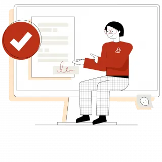 Illustration des Wegweisers. Sie sitzt auf dem Rand eines großen Monitors. Ihre rechte Hand ruht auf einem Dokument, das den Antrag darstellt. Darüber schwebt ein weißer Haken auf rotem Grund