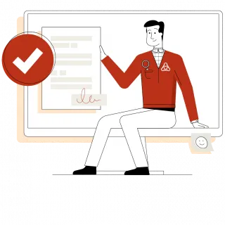 Illustration des Wegweisers. Er sitzt auf dem Rand eines großen Monitors. Seine rechte Hand ruht auf einem Dokument, das den Antrag darstellt. Darüber schwebt ein weißer Haken auf rotem Grund.