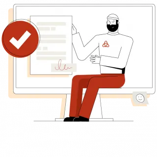 Illustration des Wegweisers. Er sitzt auf dem Rand eines großen Monitors. Seine rechte Hand ruht auf einem Dokument, das den Antrag darstellt. Darüber schwebt ein weißer Haken auf rotem Grund.