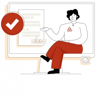 Illustration des Wegweisers. Sie sitzt auf dem Rand eines großen Monitors. Ihre rechte Hand ruht auf einem Dokument, das den Antrag darstellt. Darüber schwebt ein weißer Haken auf rotem Grund