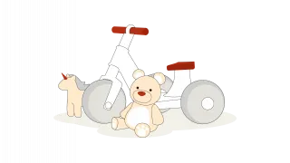 Illustration eines Dreirads. Davor liegt ein Teddybär, dahinter steht ein Einhorn.