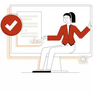 Illustration des Wegweisers. Sie sitzt auf dem Rand eines großen Monitors. Ihre rechte Hand ruht auf einem Dokument, das den Antrag darstellt. Darüber schwebt ein weißer Haken auf rotem Grund