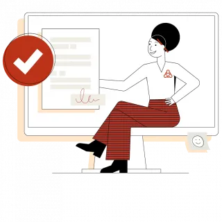 Illustration der Wegweiserin, die auf dem Rand eines großen Monitor sitzt.Sie zeigt auf ein Dokument neben sich.Darüber ist ein weißer Haken auf roten Grund.