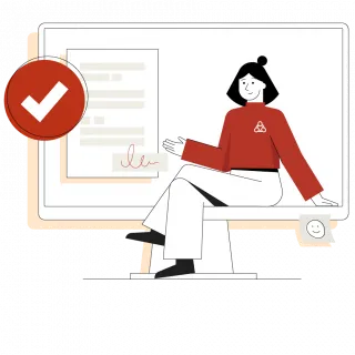 Illustration des Wegweisers. Sie sitzt auf dem Rand eines großen Monitors. Ihre rechte Hand ruht auf einem Dokument, das den Antrag darstellt. Darüber schwebt ein weißer Haken auf rotem Grund