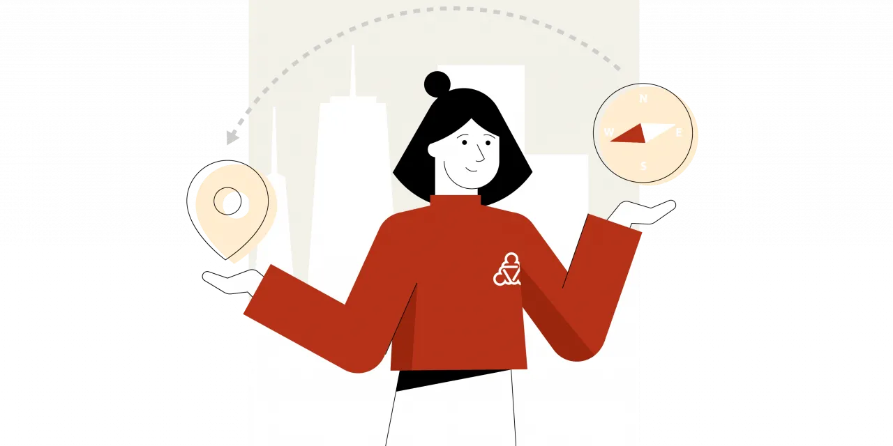 Illustration einer Wegweiserin-über ihrer einen Hand schwebt ein Wegpunkt, über der anderen ein Kompass.