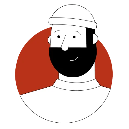 Illustration des Kopfes des Wegweisers.Er hat einen schwarzen Bart, lächelt und hat eine Mütze auf.